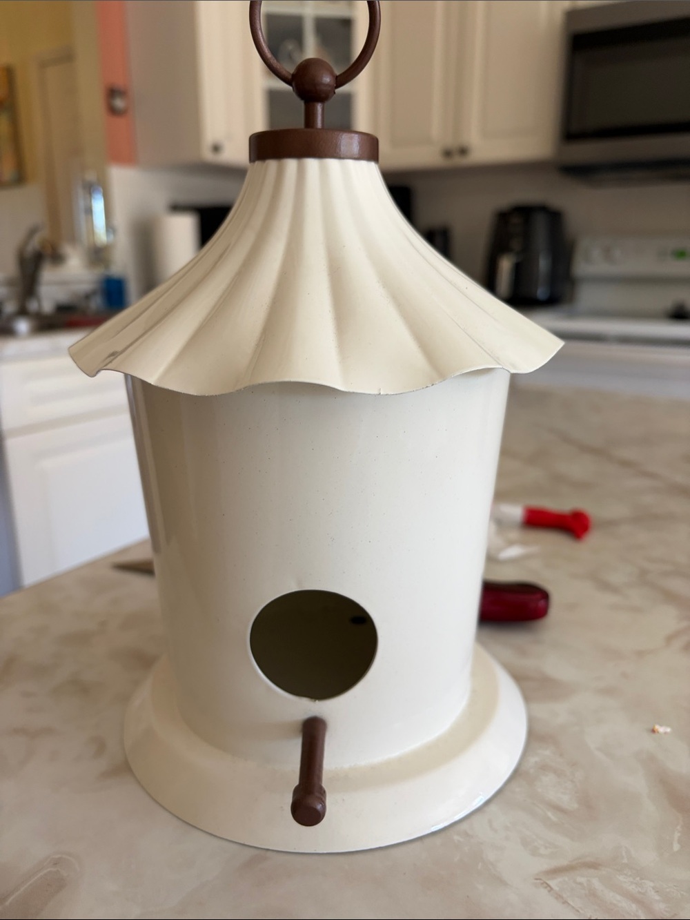 Sonoma white and Brown Metal Hanging Bird Feeder
